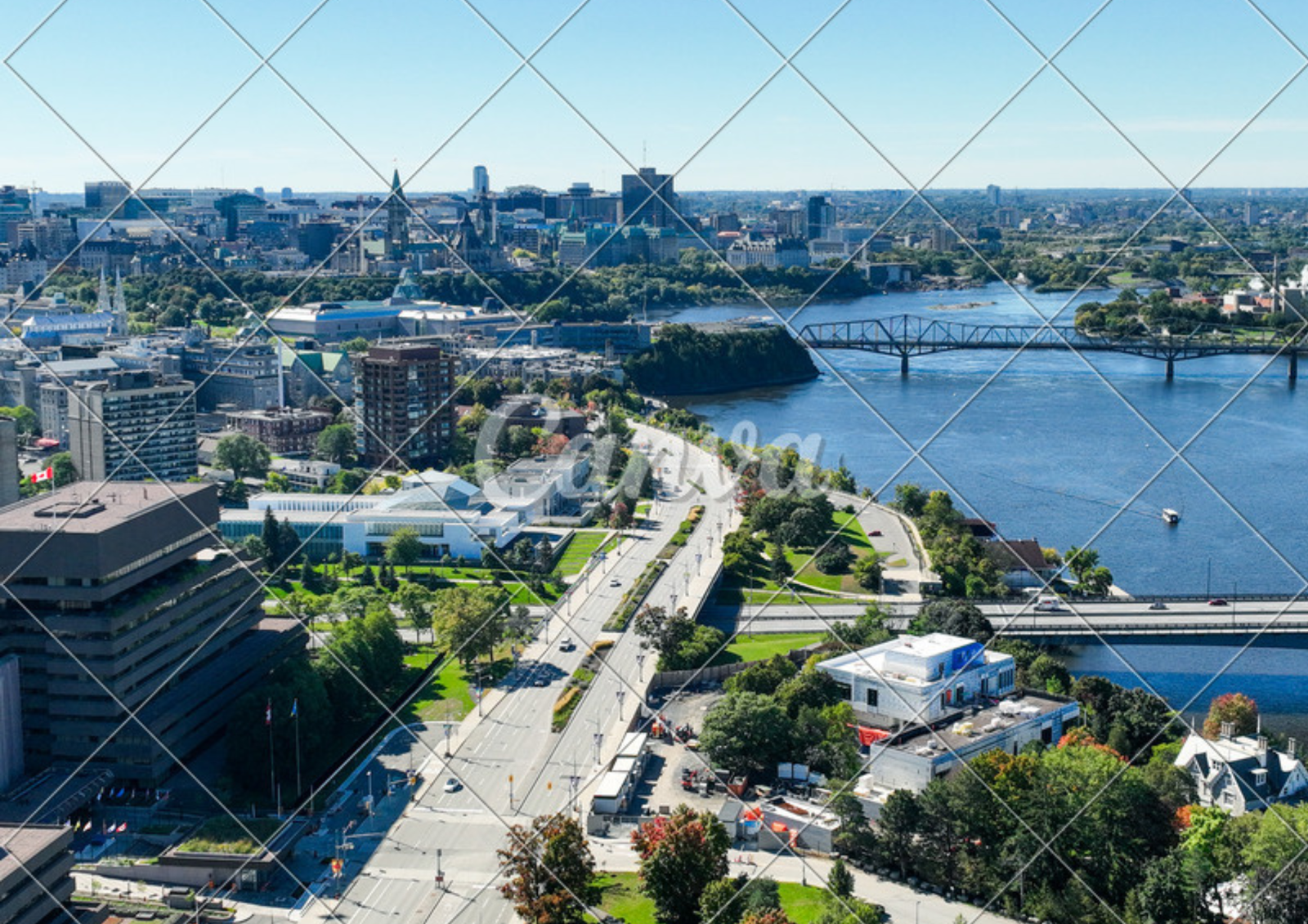Aerial view of Ottawa neighbourhoods and Parliament Hill